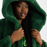 Topshop Hooded Borg Coat In Green