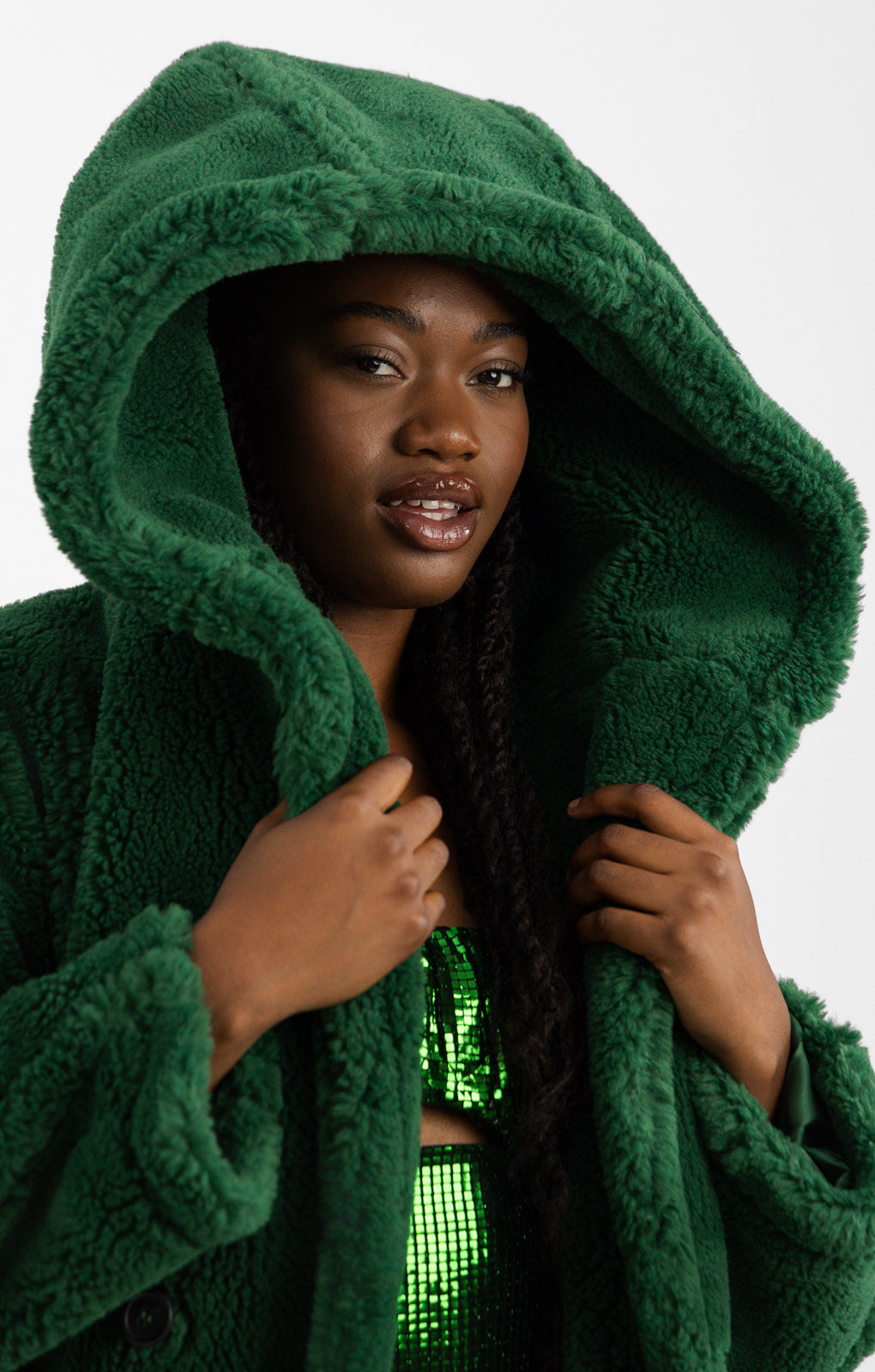 Topshop Hooded Borg Coat In Green