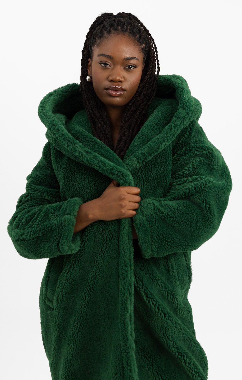 Topshop Hooded Borg Coat In Green