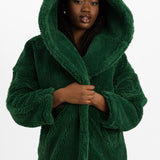Topshop Hooded Borg Coat In Green
