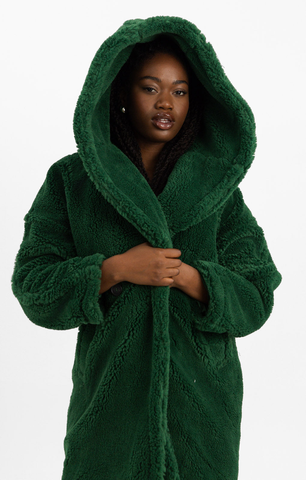Topshop Hooded Borg Coat In Green