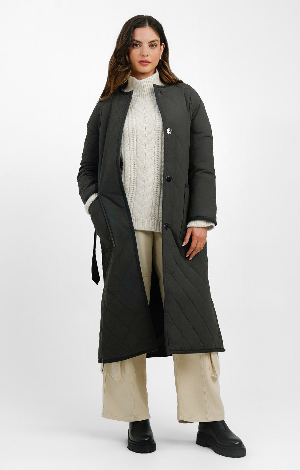 Topshop Collarless Quilted Coat In Charcoal