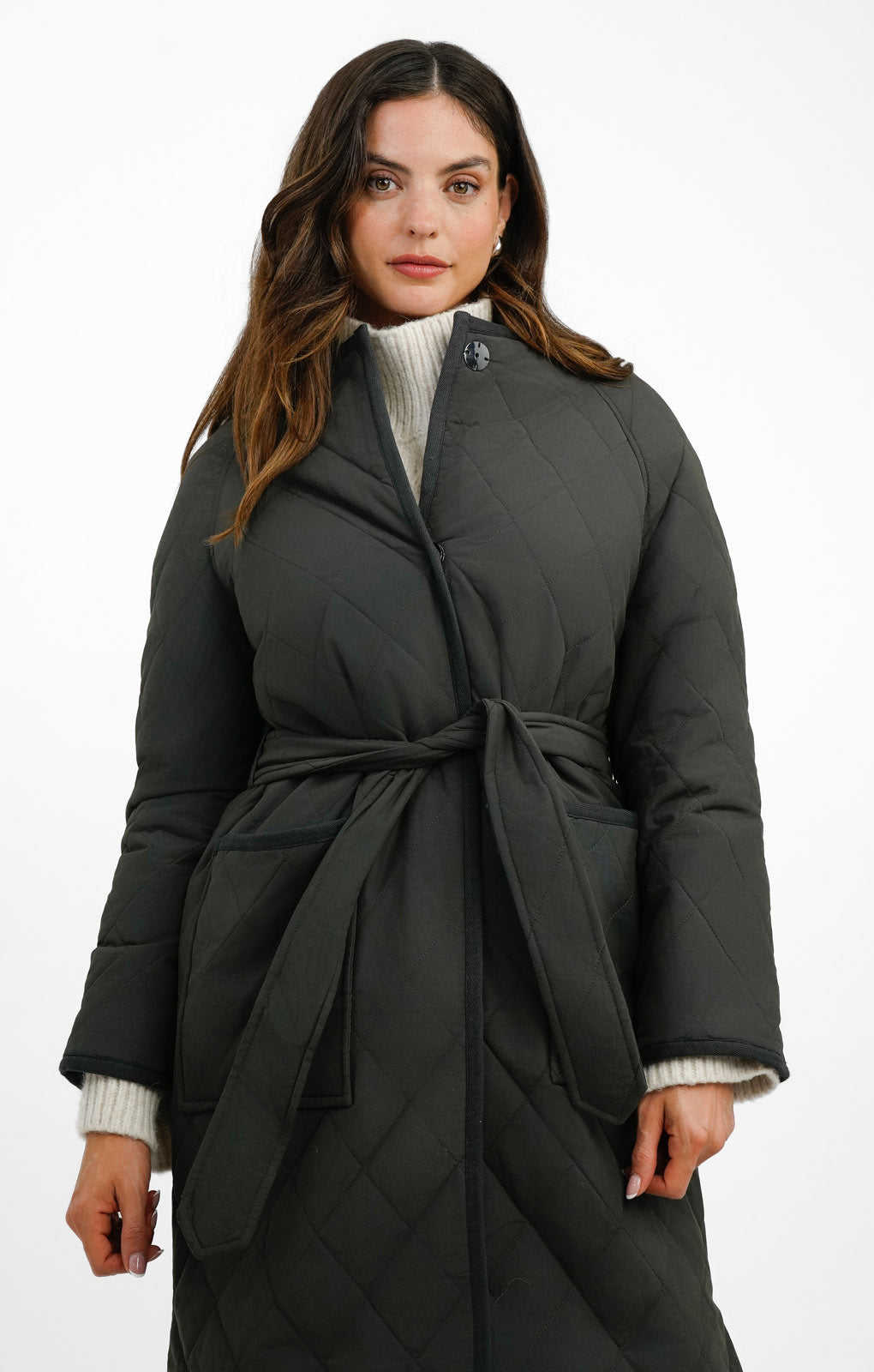 Topshop Collarless Quilted Coat In Charcoal