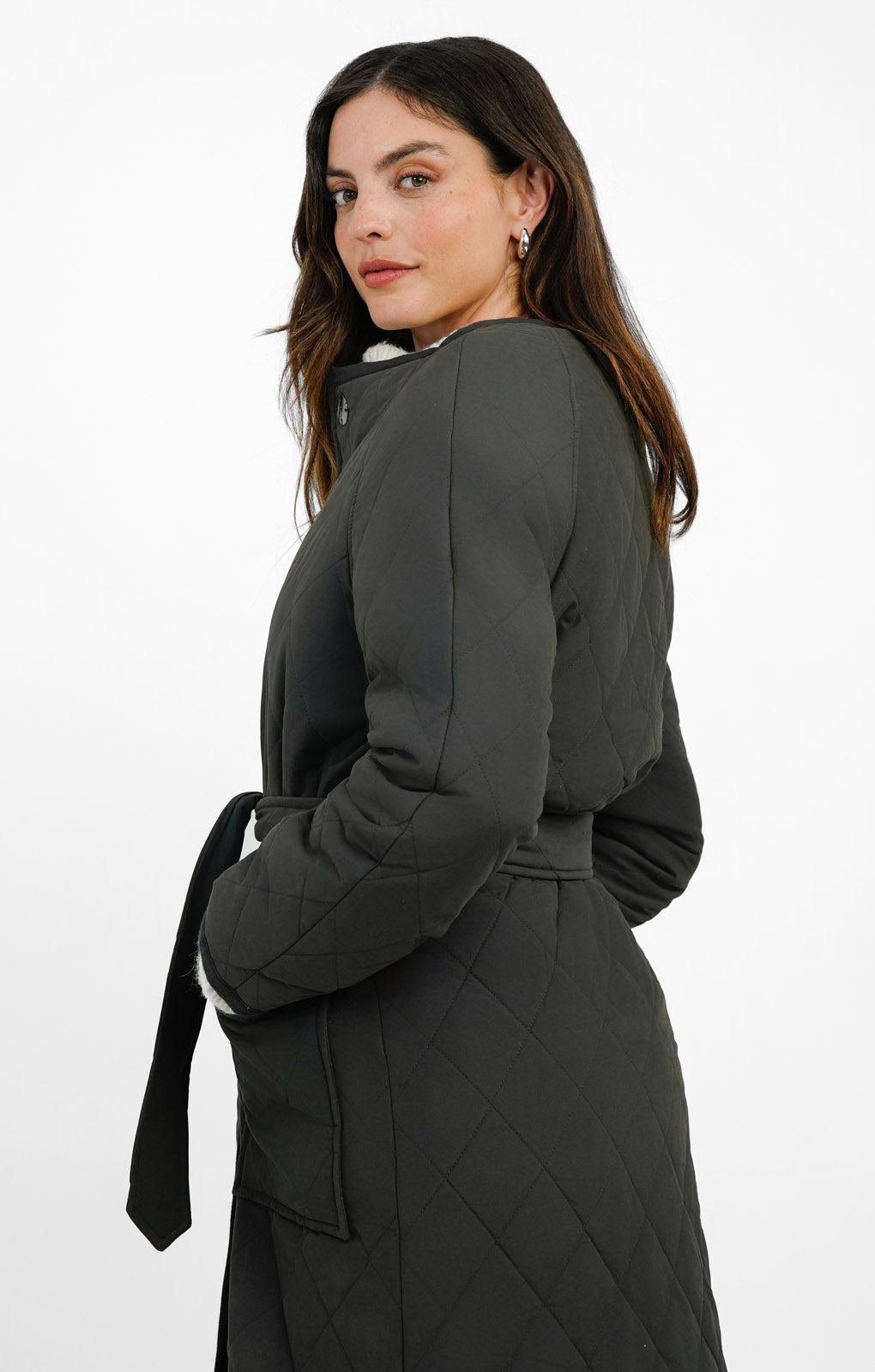 Topshop Collarless Quilted Coat In Charcoal