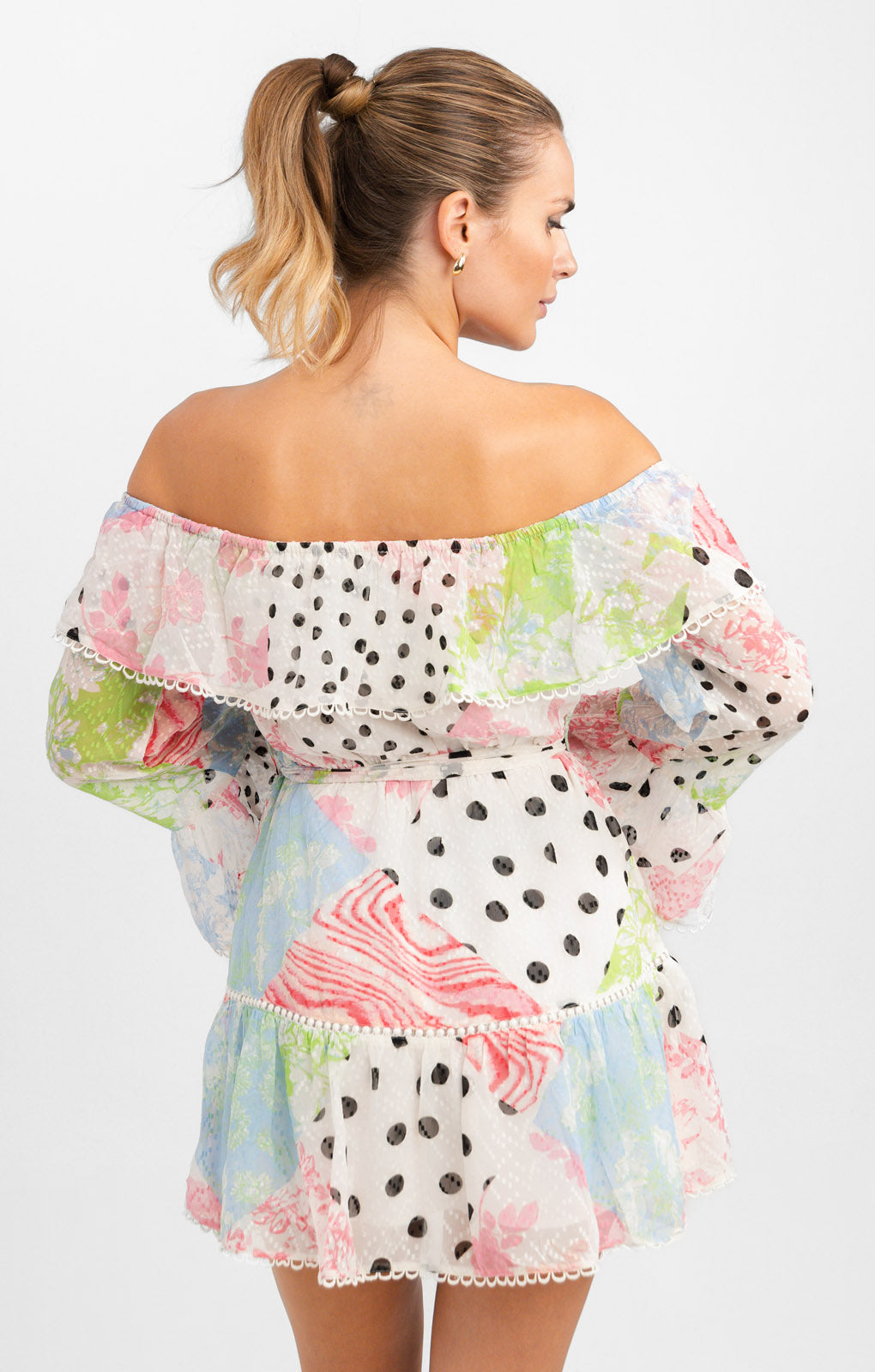 ASOS DESIGN Off The Shoulder Mini Dress With Lace Inserts In Patchwork Print