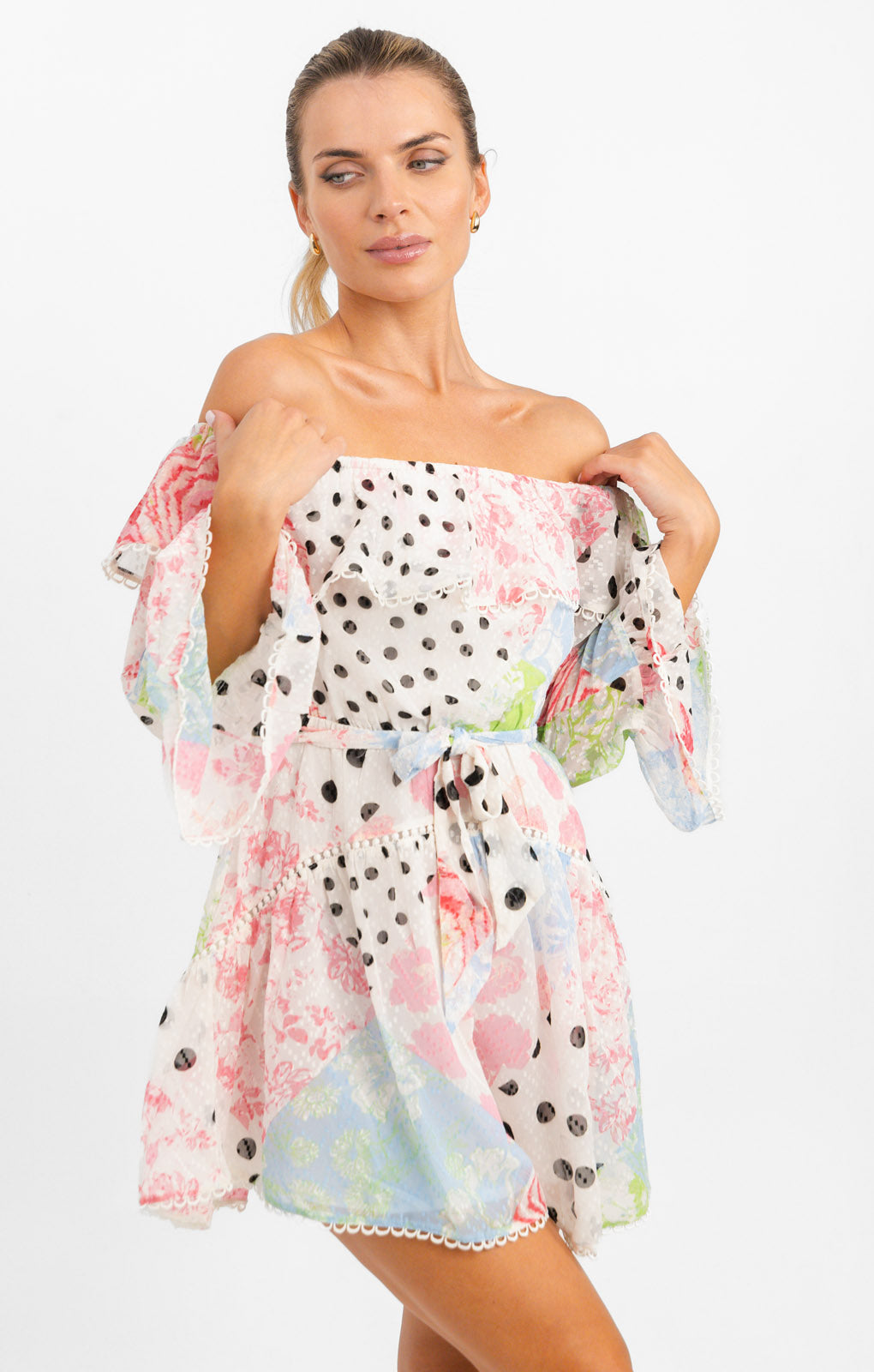 ASOS DESIGN Off The Shoulder Mini Dress With Lace Inserts In Patchwork Print