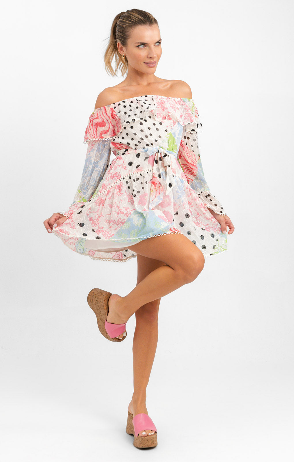 ASOS DESIGN Off The Shoulder Mini Dress With Lace Inserts In Patchwork Print