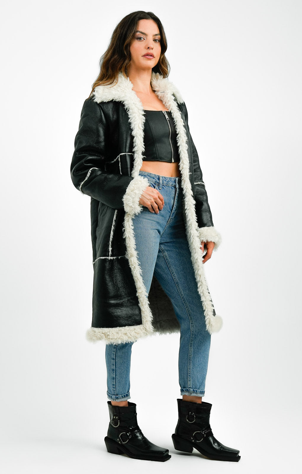 Topshop Faux Shearling Longline Jacket With Faux Fur Trims In Black