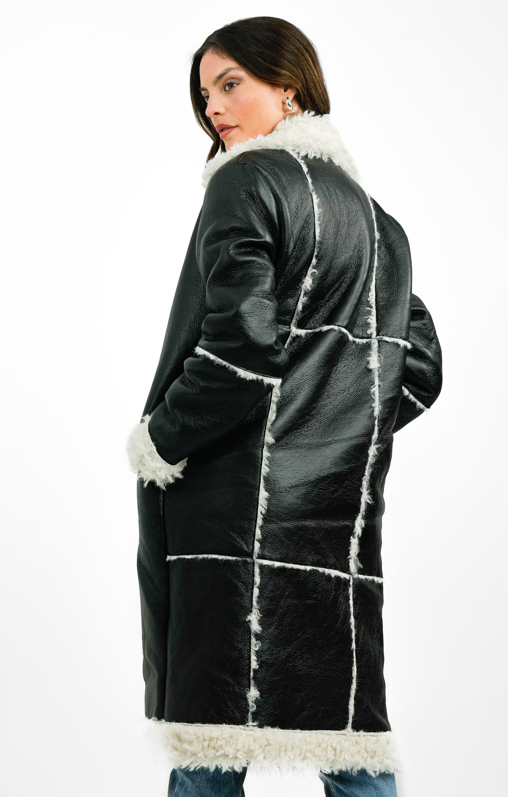 Topshop Faux Shearling Longline Jacket With Faux Fur Trims In Black