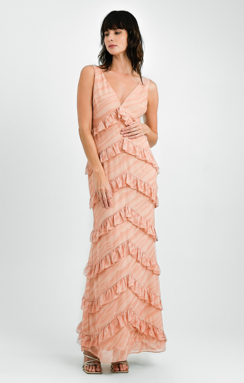 Pretty Lavish Tiered Ruffle Midaxi Dress In Orange Terracotta Stripe – dresses by Pretty Lavish, available to rent from Hirestreet