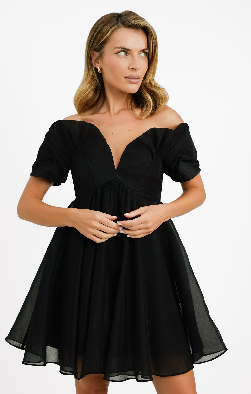 ASOS DESIGN Off Shoulder Organza Mini Dress With Ruffle Bodice Detail In Black