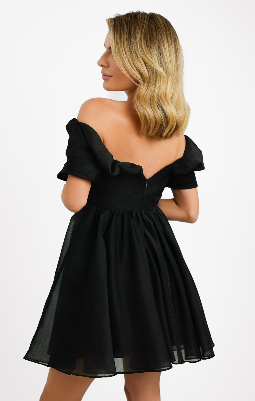 ASOS DESIGN Off Shoulder Organza Mini Dress With Ruffle Bodice Detail In Black
