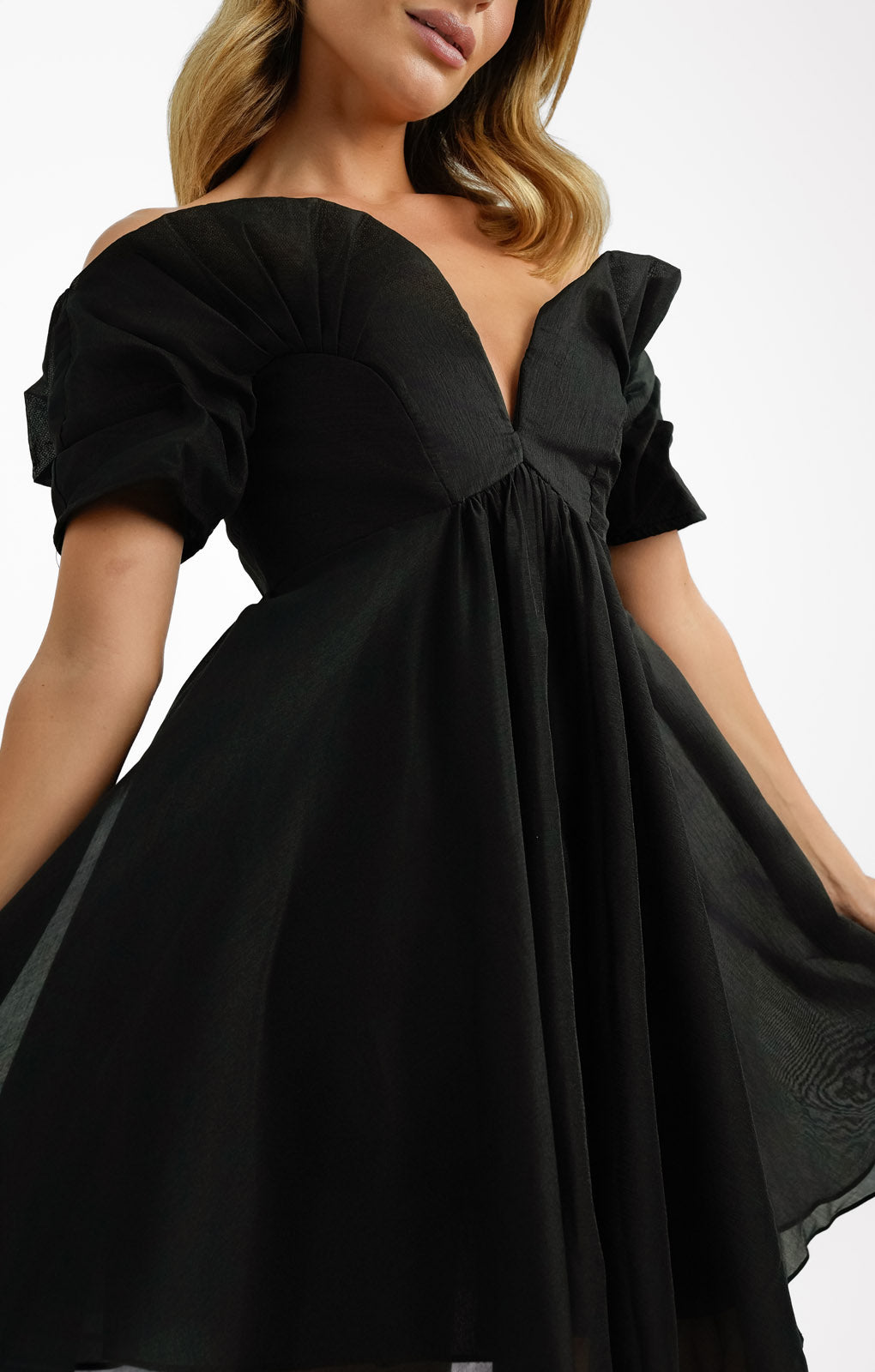 ASOS DESIGN Off Shoulder Organza Mini Dress With Ruffle Bodice Detail In Black