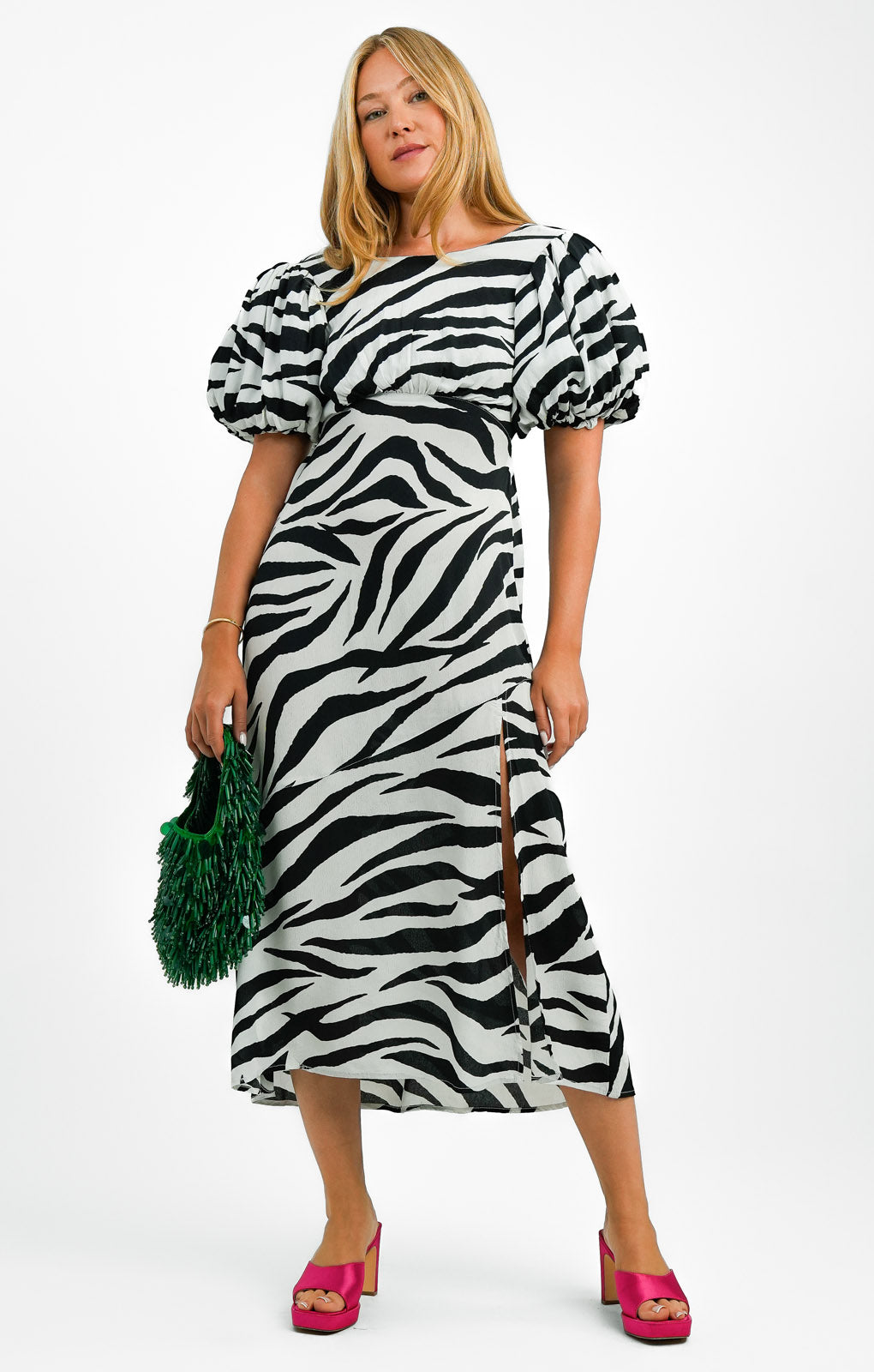 Miss Selfridge Extreme Volume Sleeve Bow Back Midi Dress In Mono Zebra
