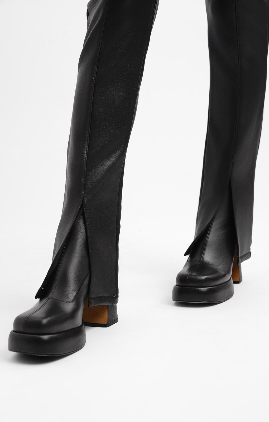 Topshop Faux Leather Contrast Panel Seamed Skinny Flare With Split Hem In Chocolate