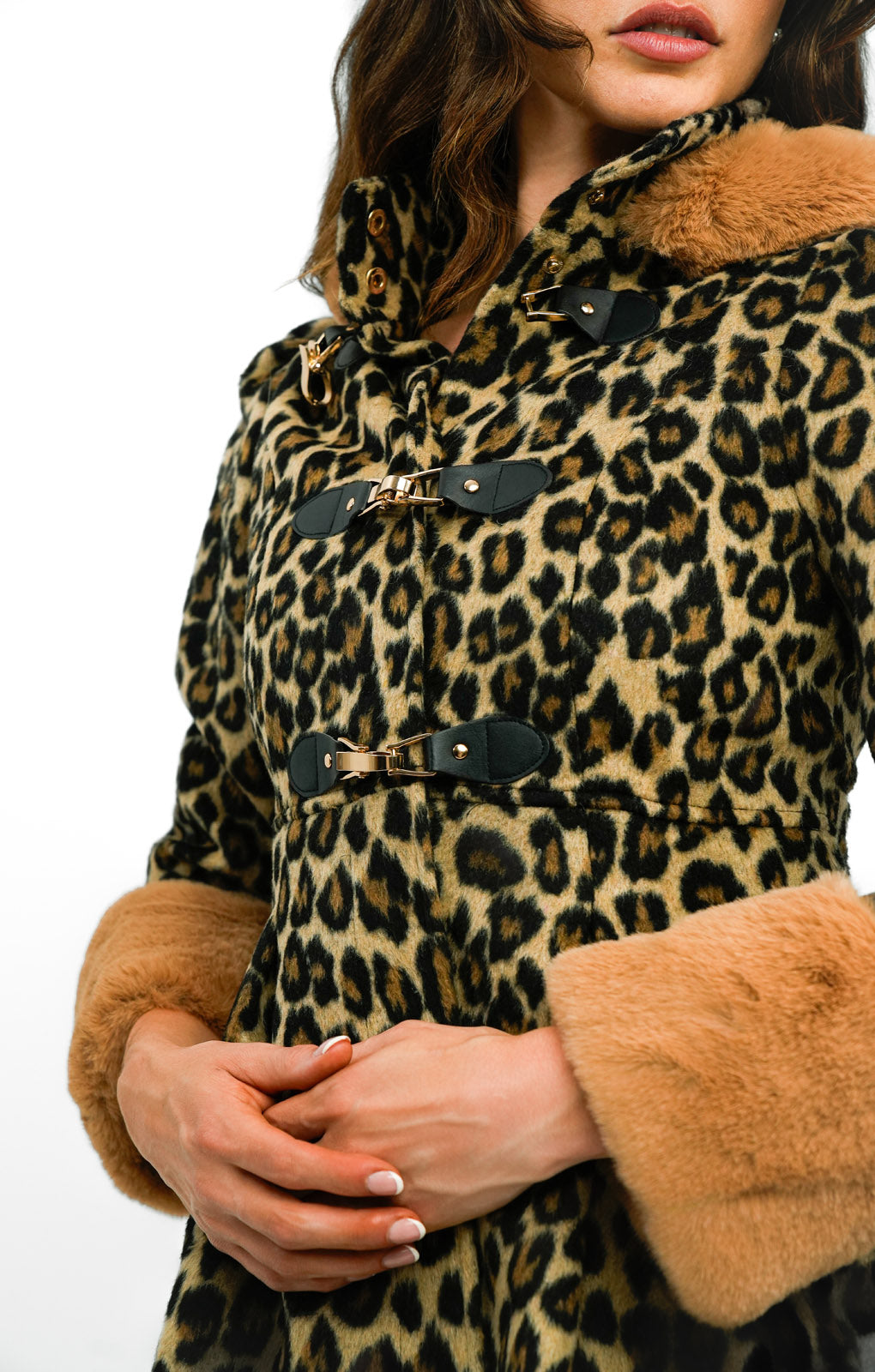 Miss Selfridge Leopard Duffle Swing Coat With Fur Hood