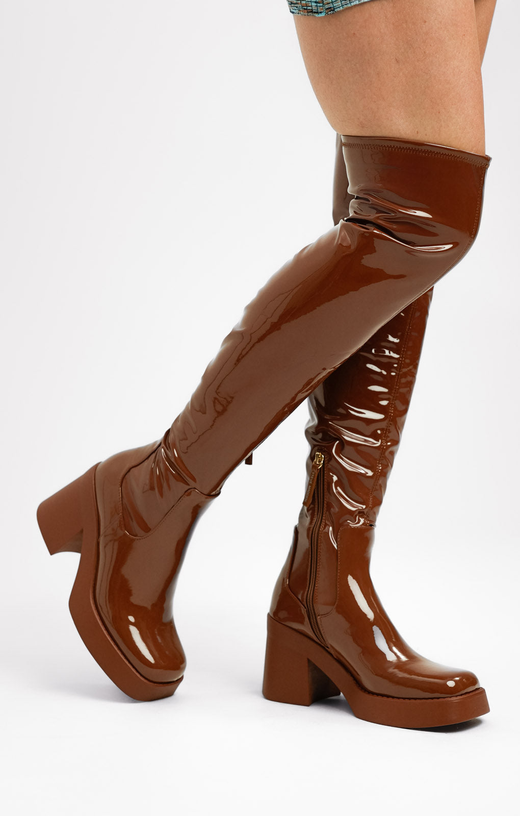 Steve Madden Seasons Heeled Over The Knee Boots In Cognac Brown Patent
