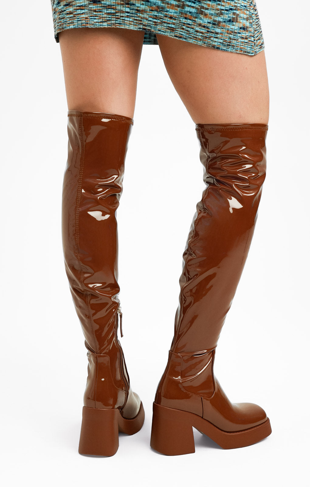Steve Madden Seasons Heeled Over The Knee Boots In Cognac Brown Patent