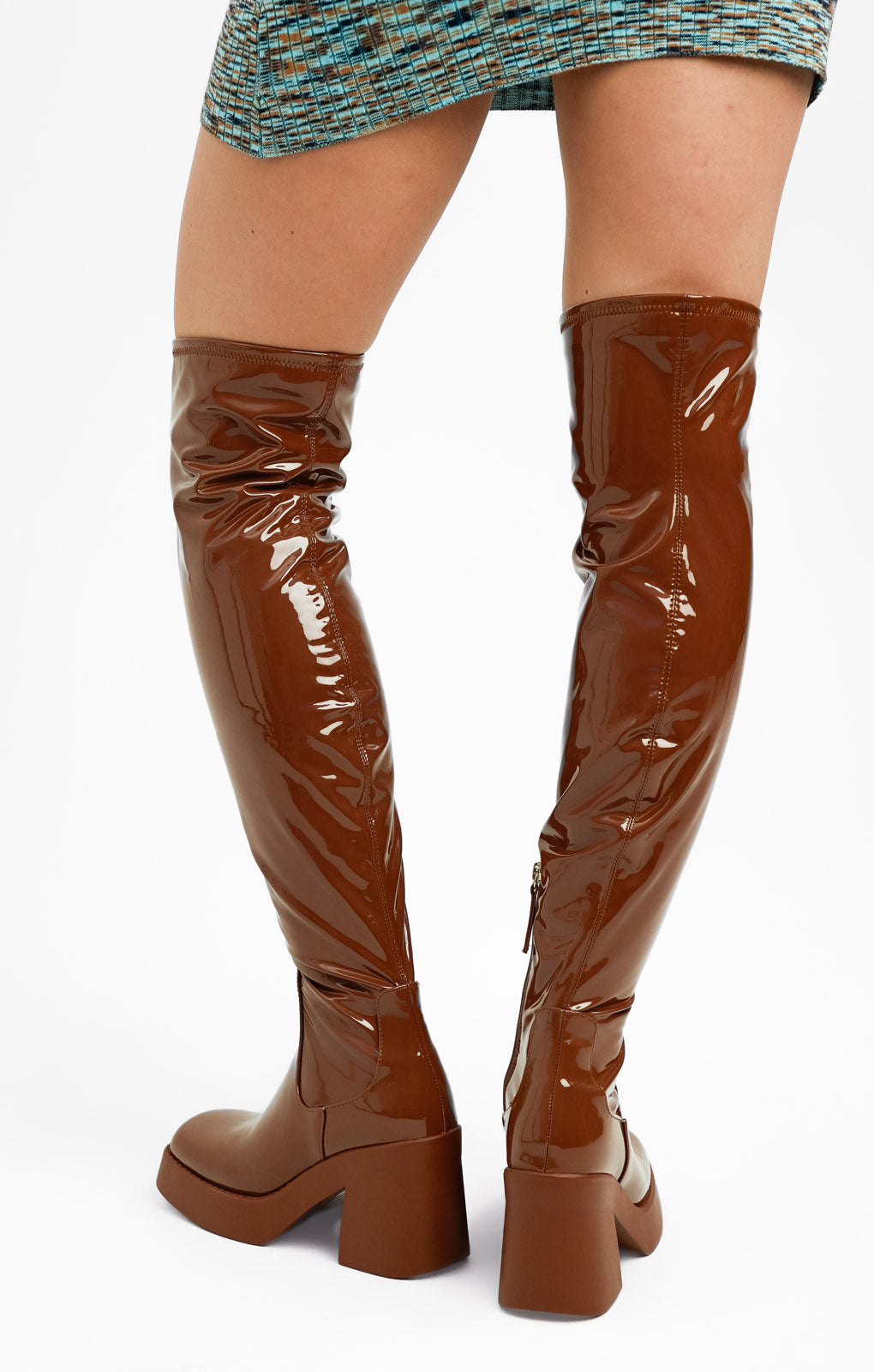 Steve Madden Seasons Heeled Over The Knee Boots In Cognac Brown Patent