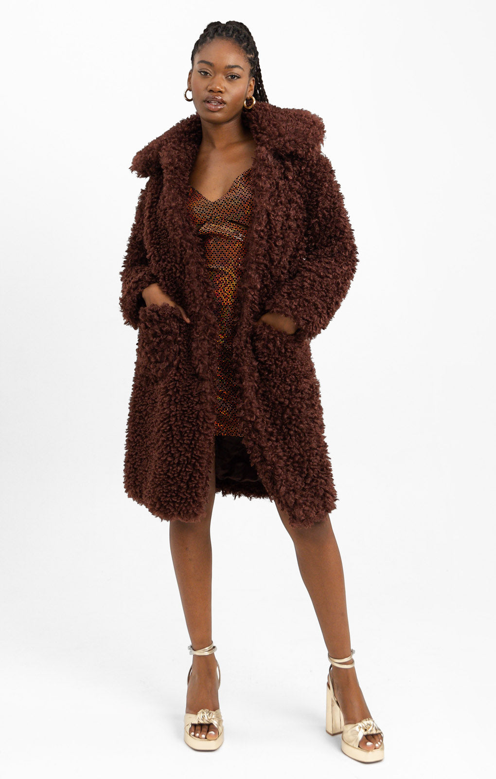 Miss Selfridge Fluffy Borg Coat In Chocolate