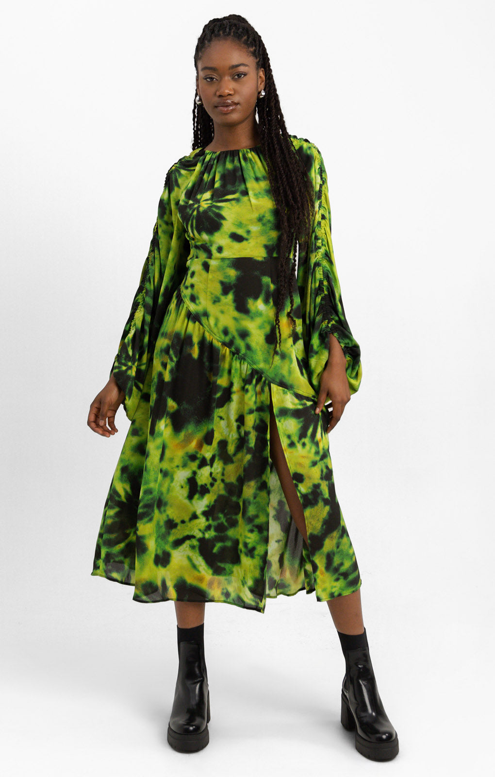 Topshop Ruched Acid Print Midi Dress In Lime