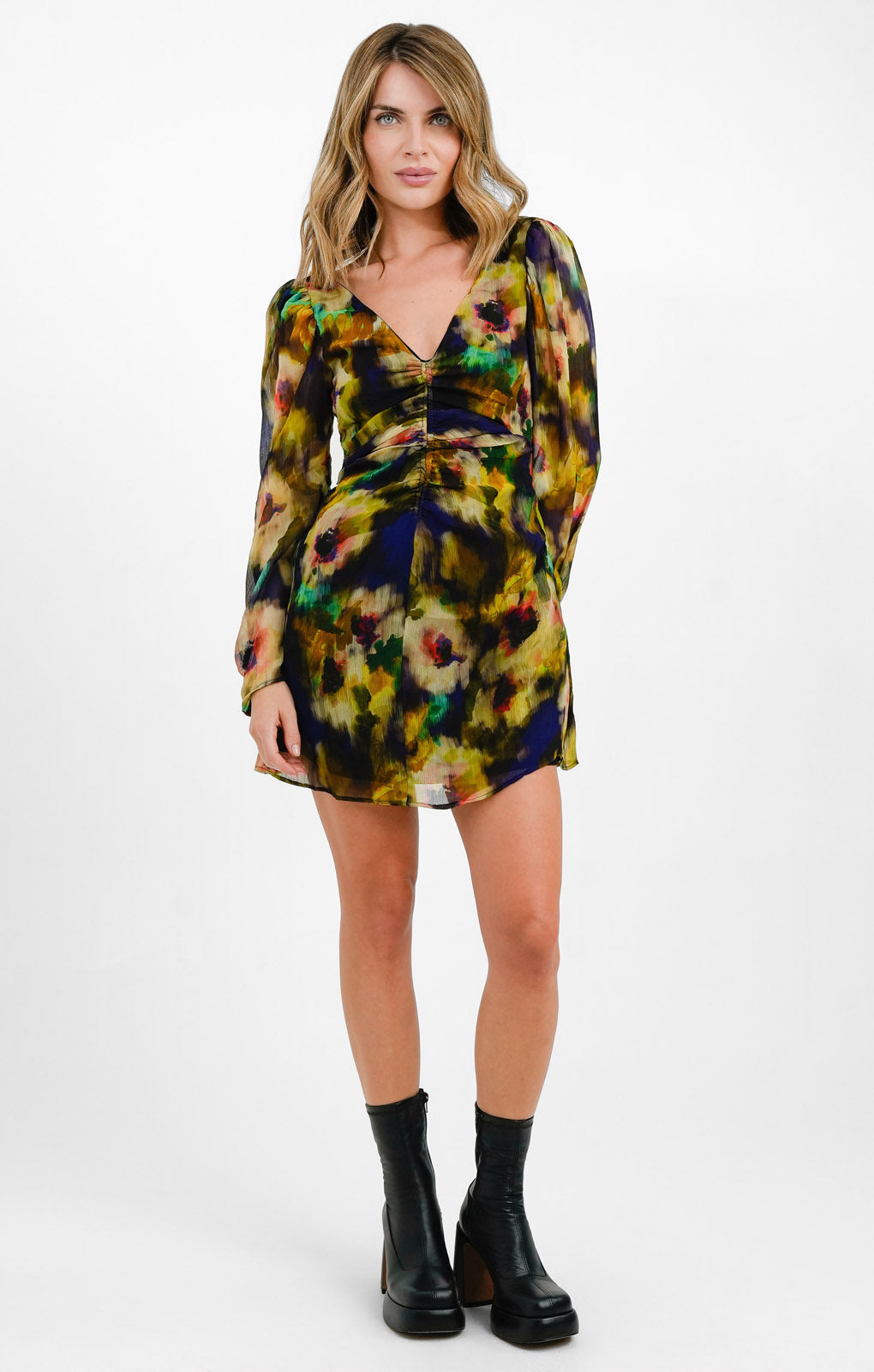 Topshop Blurred Tie Dye Floral Ruched Mini Tea Dress In Multi