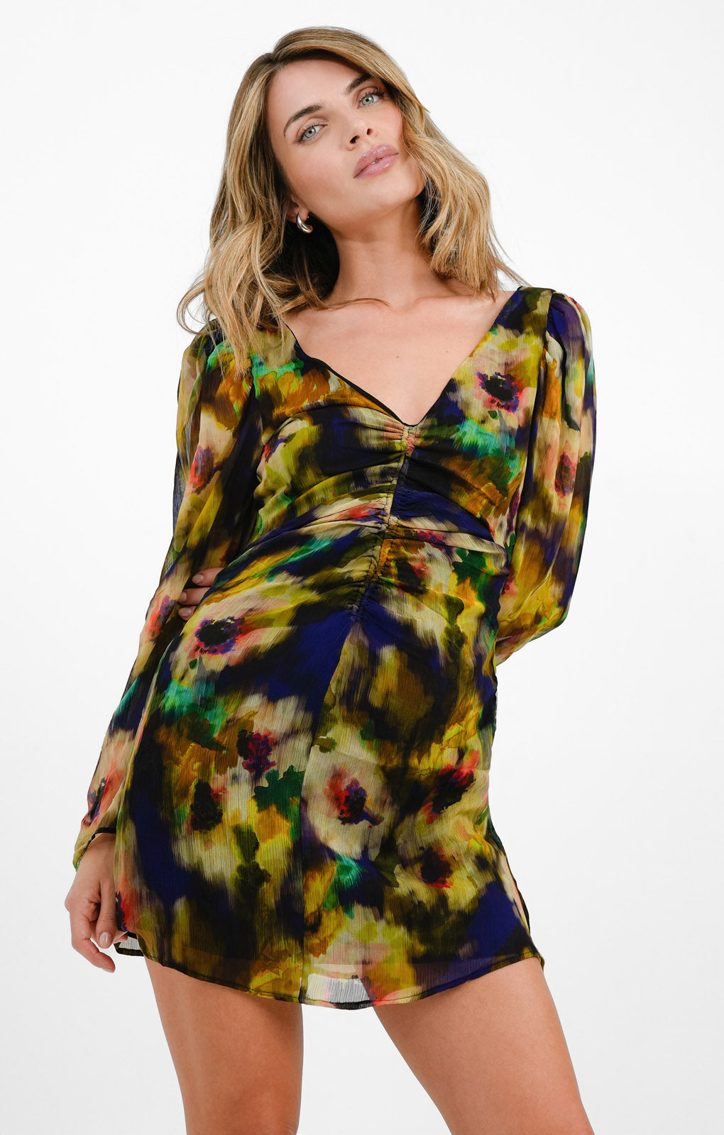 Topshop Blurred Tie Dye Floral Ruched Mini Tea Dress In Multi