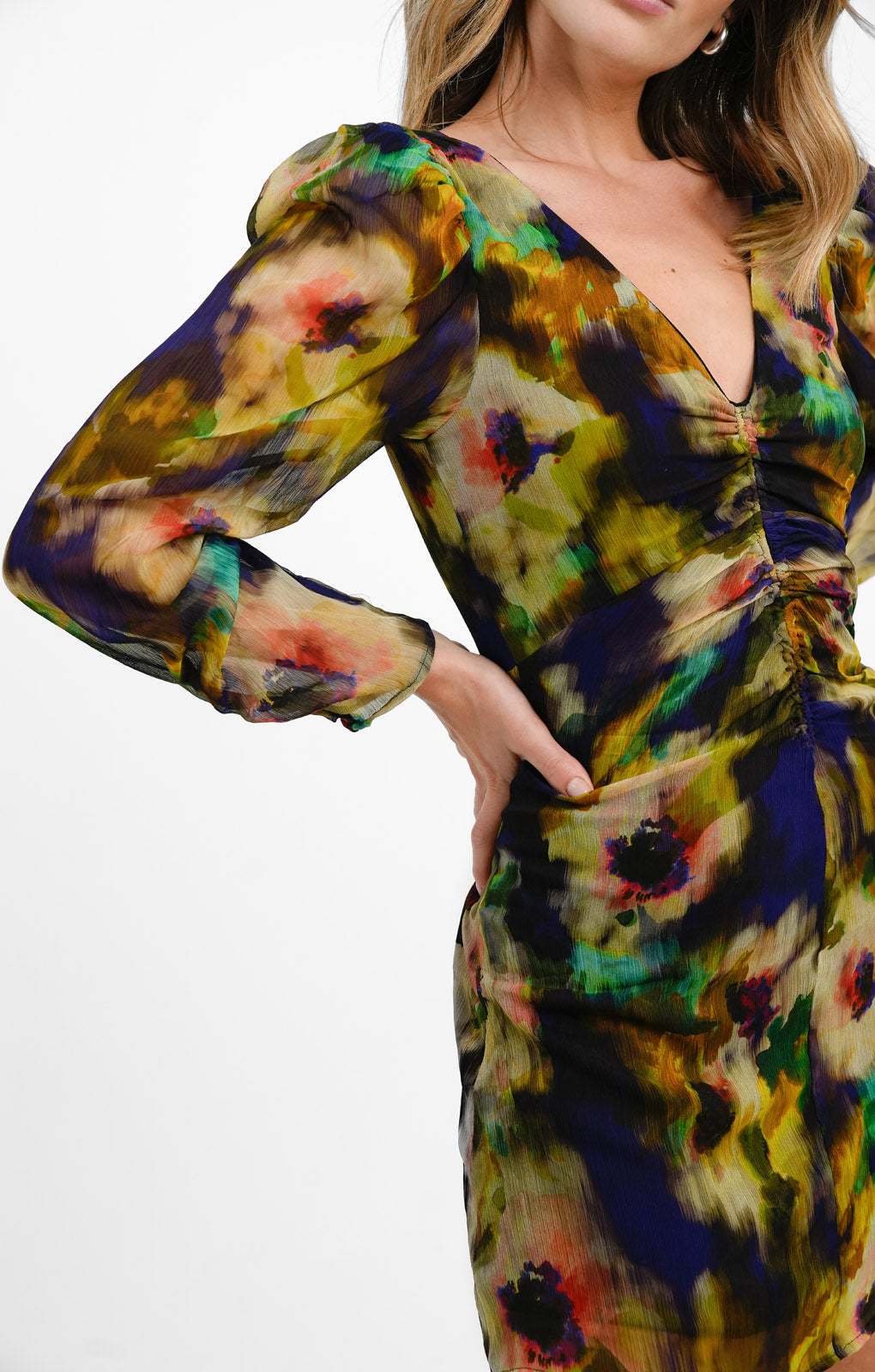 Topshop Blurred Tie Dye Floral Ruched Mini Tea Dress In Multi