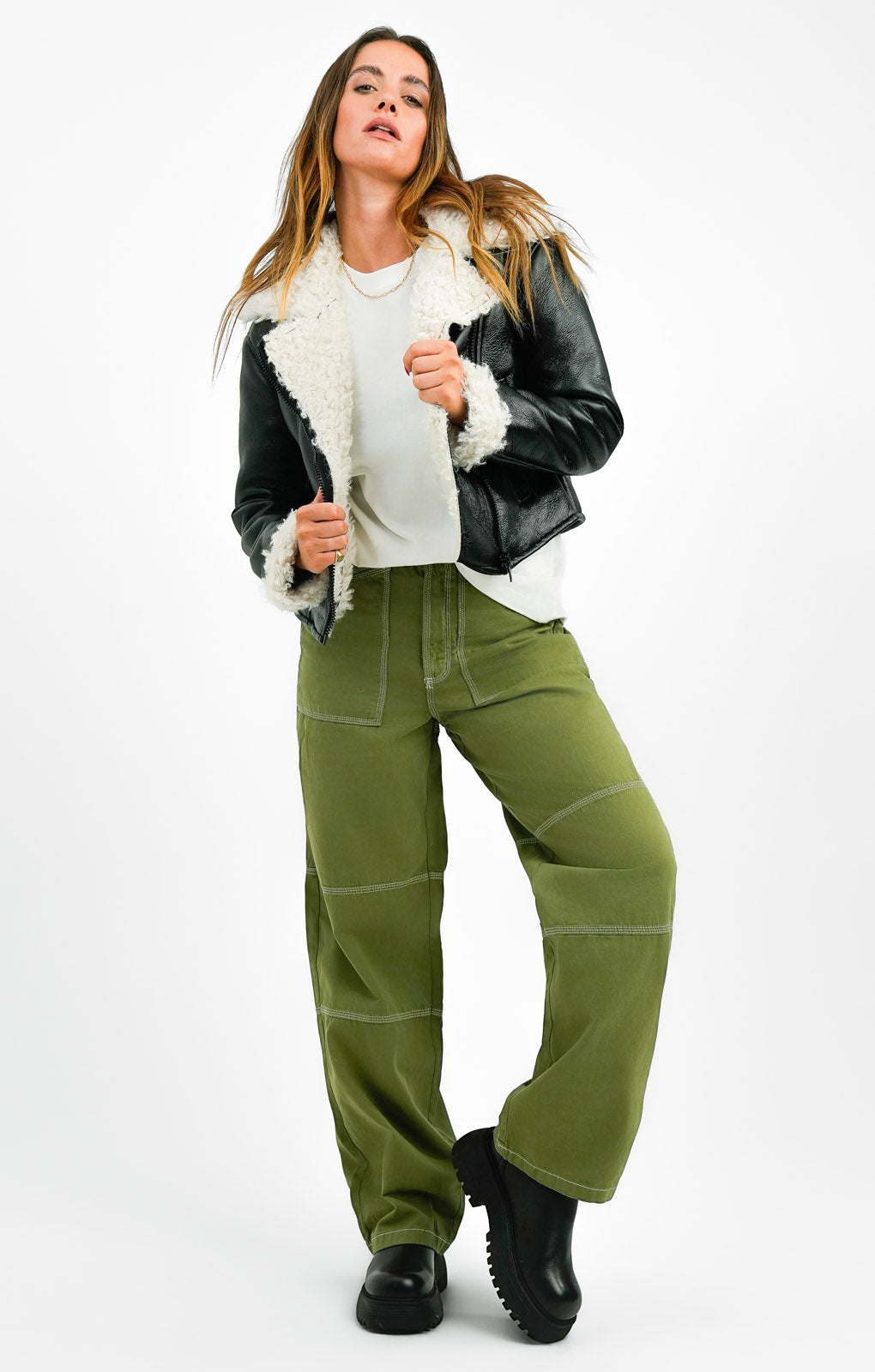 Topshop Cropped Faux Shearling Aviator Jacket With Shaggy Fur Lining In Black