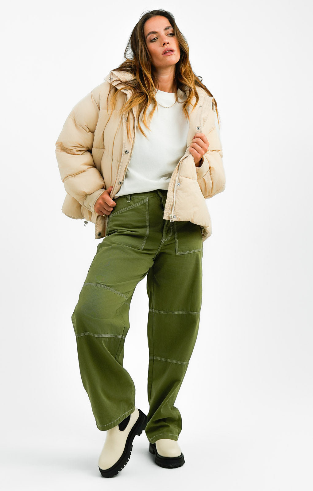 Topshop Mid Length Swing Hem Hooded Puffer Jacket In Stone