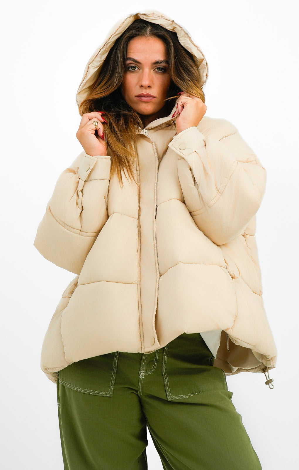Topshop Mid Length Swing Hem Hooded Puffer Jacket In Stone