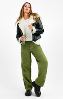 Topshop Workwear Straight Leg Trouser With Fold Over Waistband Detail In Khaki