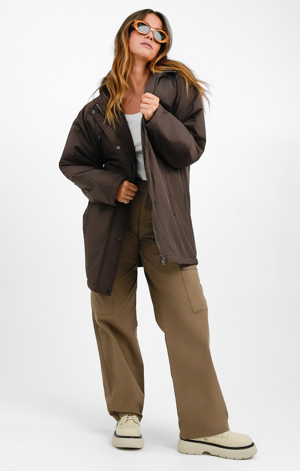 Topshop Mid Length Borg Lined Hooded Parka In Chocolate