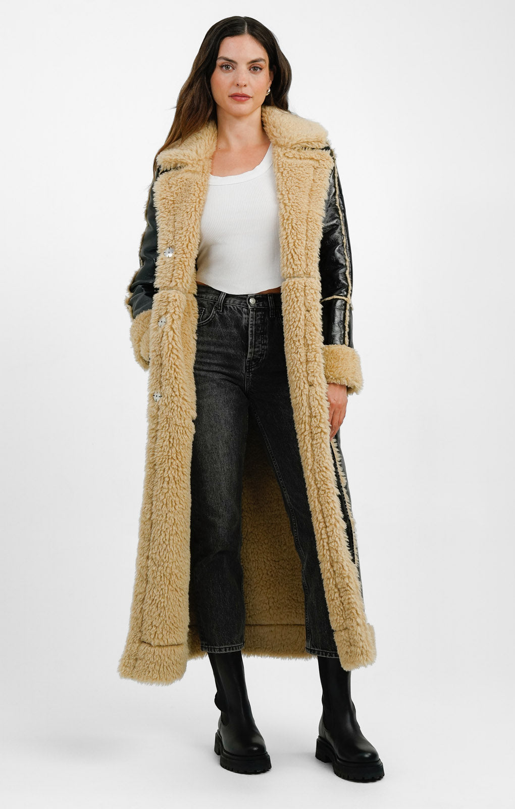 QED London Vinyl Longline Coat With Borg Contrast In Black