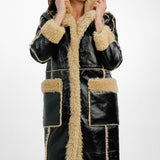 QED London Vinyl Longline Coat With Borg Contrast In Black