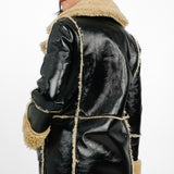 QED London Vinyl Longline Coat With Borg Contrast In Black