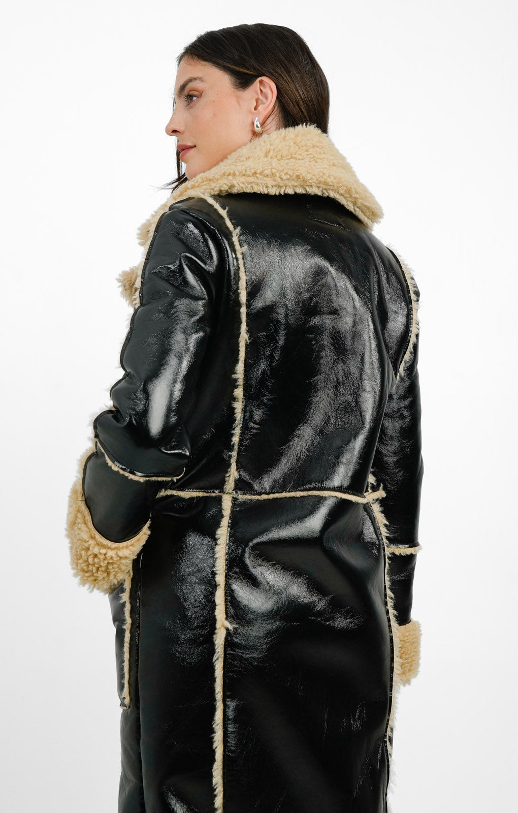 QED London Vinyl Longline Coat With Borg Contrast In Black