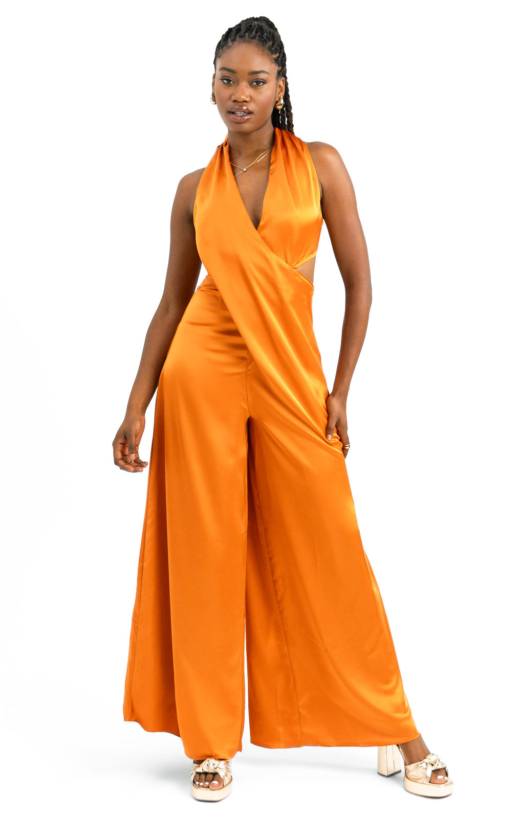 ASOS DESIGN Drape Cross Front Halter Jumpsuit With Cut Out In Copper