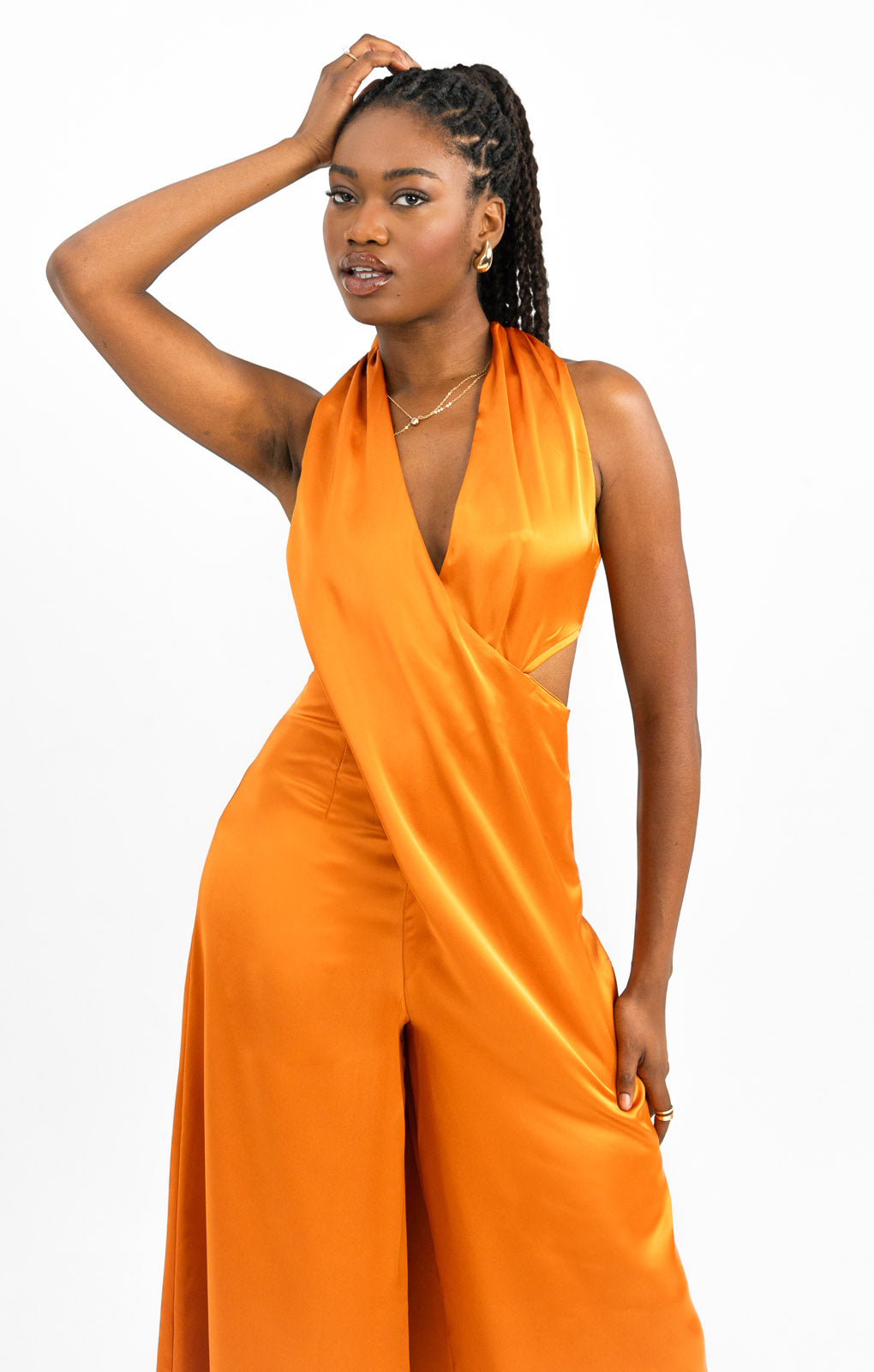 ASOS DESIGN Drape Cross Front Halter Jumpsuit With Cut Out In Copper