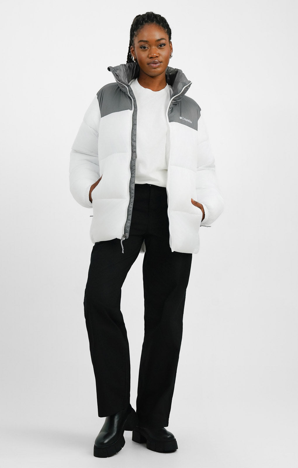Columbia Puffect Puffer Jacket In Grey And White