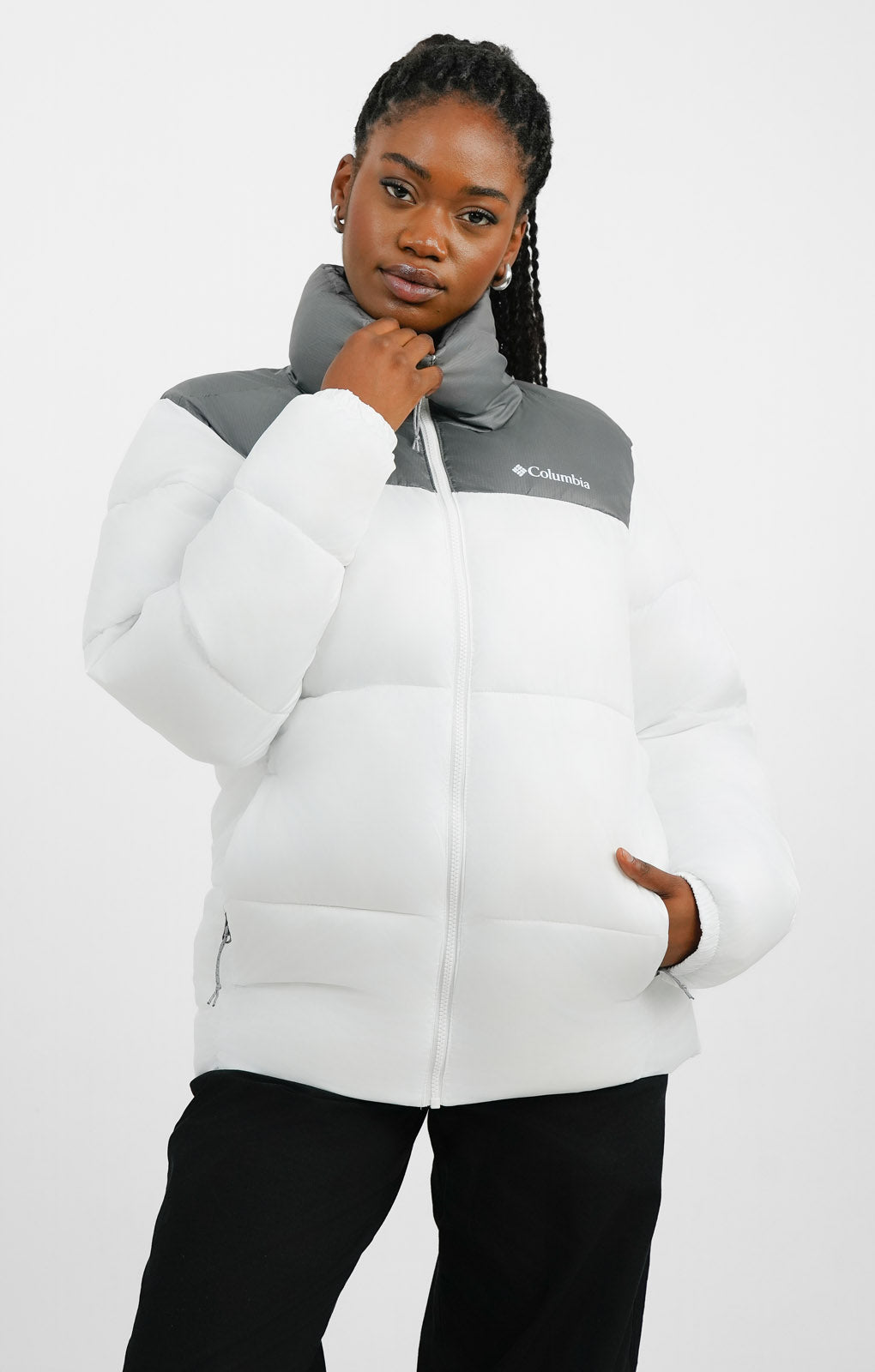 Columbia Puffect Puffer Jacket In Grey And White