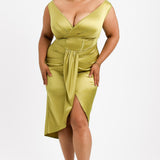 ASOS DESIGN Curve Off Shoulder Corset Satin Midi Dress In Olive