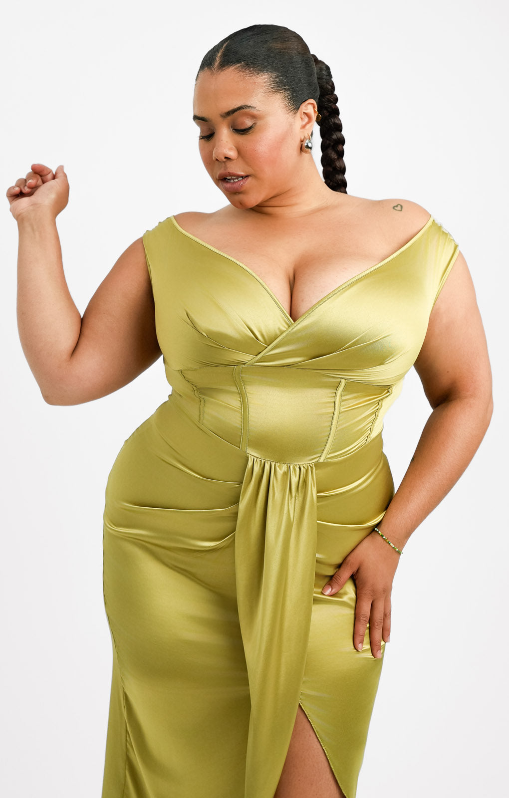 ASOS DESIGN Curve Off Shoulder Corset Satin Midi Dress In Olive