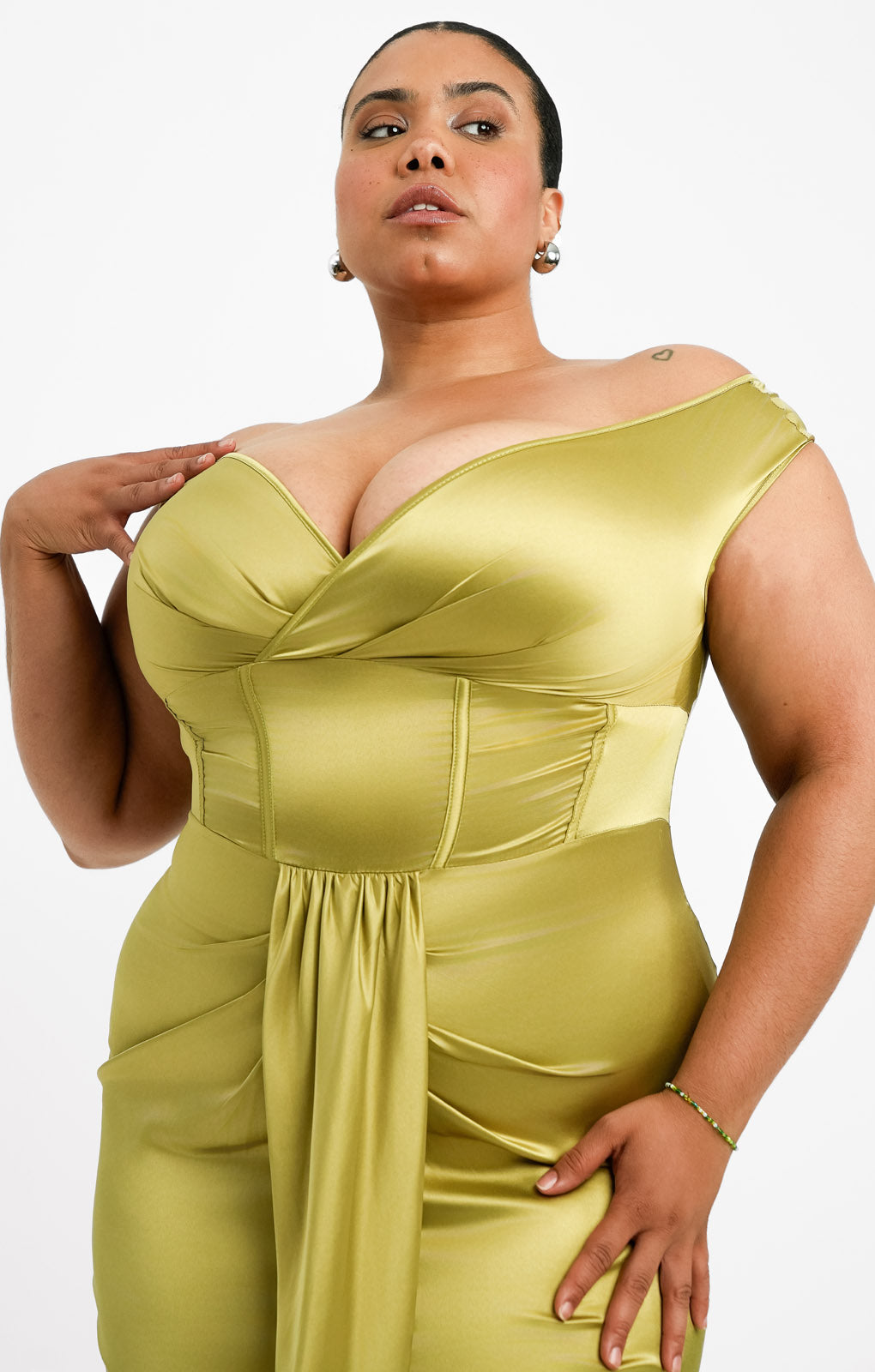ASOS DESIGN Curve Off Shoulder Corset Satin Midi Dress In Olive