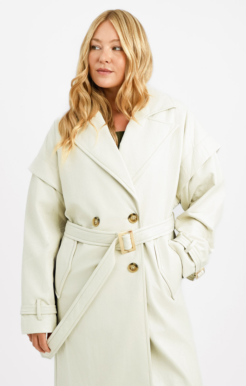 Aria Cove Vegan Leather Drop Shoulder Trench Coat In Cream