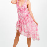 ASOS DESIGN Halter Neck Ruched Asymmetric Frill Mini Dress In Floral Print