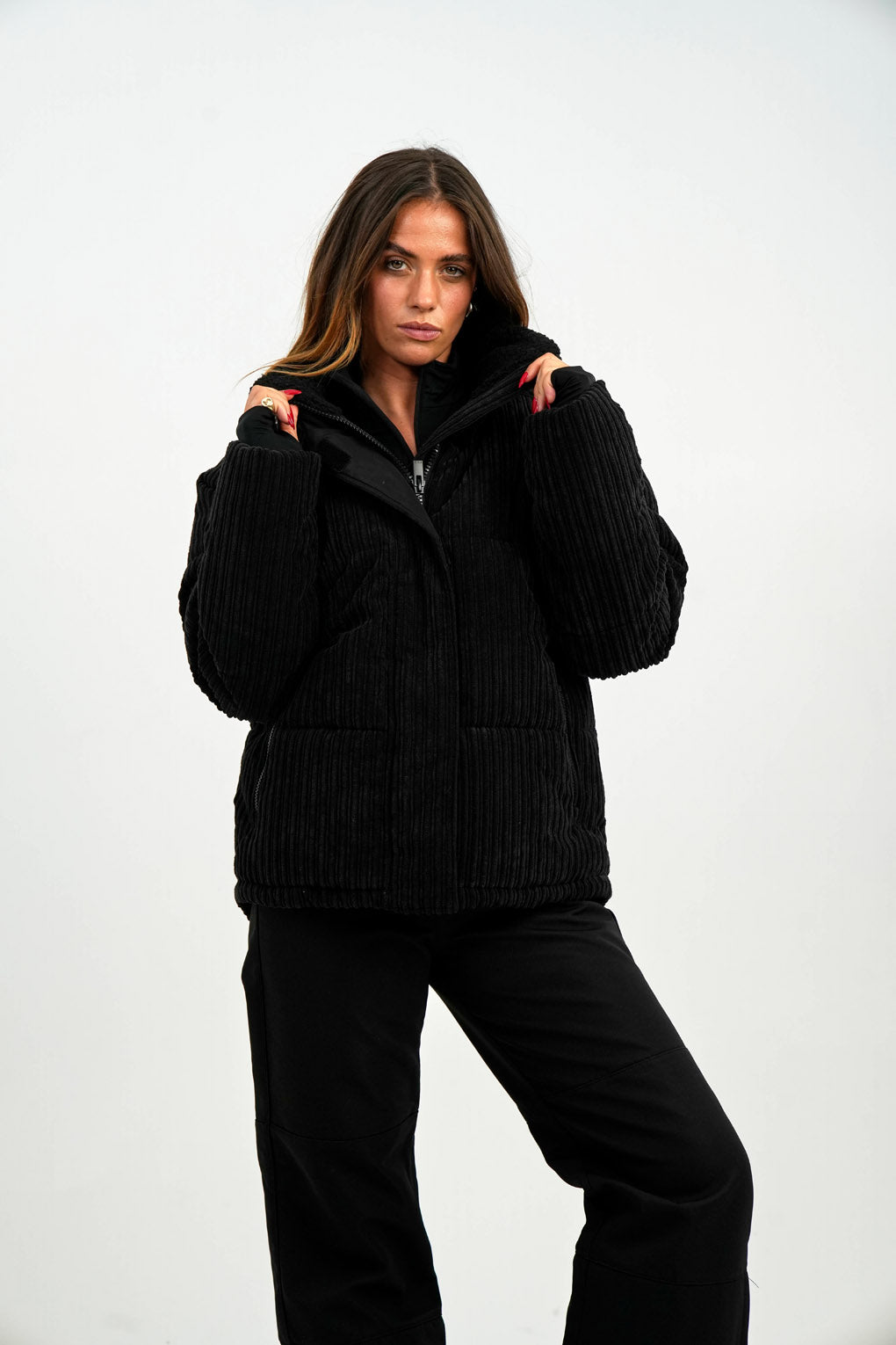 Topshop Sno Funnel Neck Puffer Ski Jacket In Black Cord