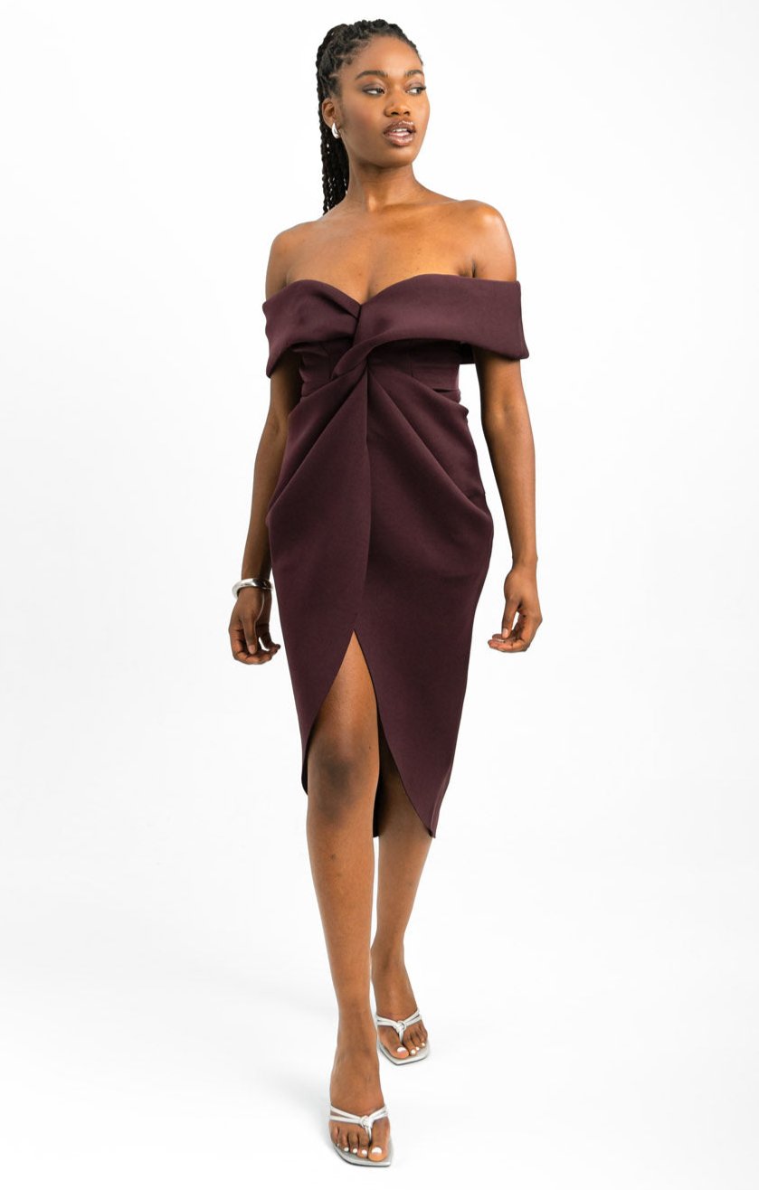 ASOS DESIGN Twist Front Off The Shoulder Midi Dress In Aubergine