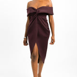 ASOS DESIGN Twist Front Off The Shoulder Midi Dress In Aubergine