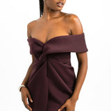 ASOS DESIGN Twist Front Off The Shoulder Midi Dress In Aubergine